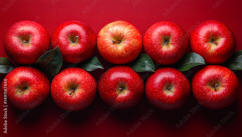 Poster fresh red apples arranged on red surface. a variety of red apples with green leaves are neatly arran