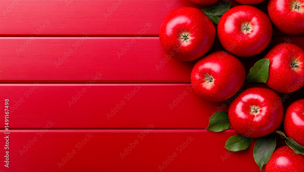 Poster glossy red apples on red. fresh red apples are arranged artfully on a shiny red surface, showcasing 