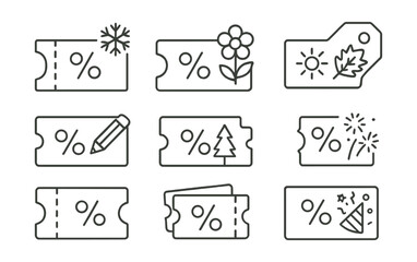 Line style icons of seasonal coupon campaigns: winter discount slip, spring promo card, summer voucher icon, fall deal tag, back-to-school offer, holiday coupon pack, festival ticket icon, new year