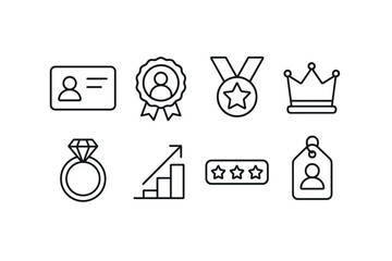 Line style icons of membership tiers: bronze member card, silver user badge, gold level icon, platinum status crown, diamond level ring, tier step-up arrow, progress bar with stars, premium user tag.