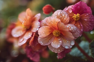 Begonia Flowers Covered in Water Droplets, Symbolizing Freshness and Natural Beauty for Wellness Campaigns and Springtime Promotions : Generative AI