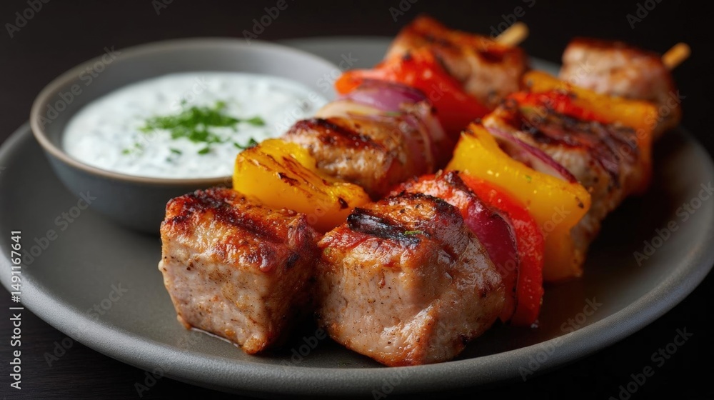 Aufkleber plate of grilled meat skewers with colorful vegetables. the skewers are arranged in a circular patte