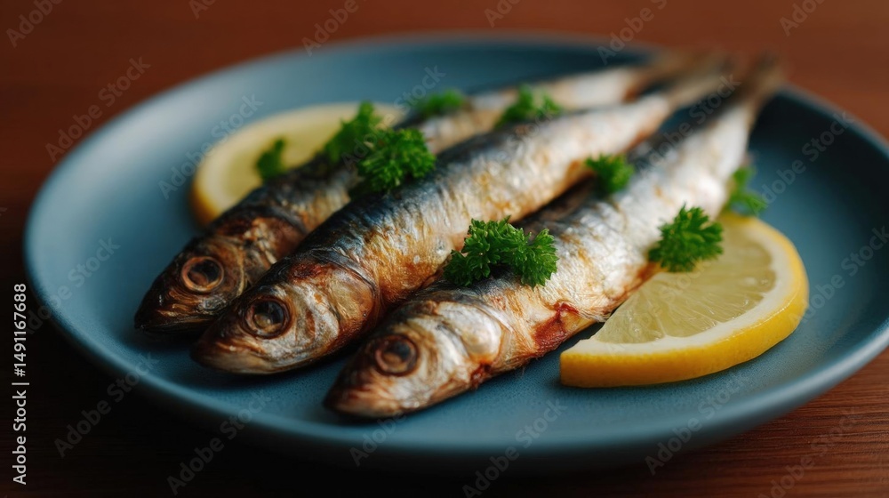 Poster three sardines on a blue plate with a slice of lemon on the side. the plate is placed on a wooden ta