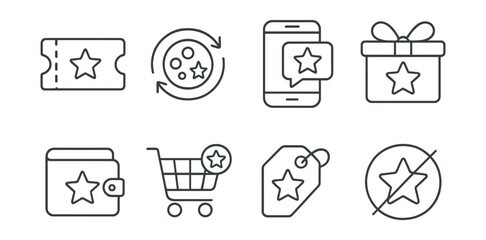 Line style icons of bonus redemption: bonus redemption ticket, convert points to bonus icon, claim bonus screen, receive gift box icon, add bonus to wallet, apply reward in checkout, redeem link tag,