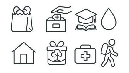 Line style icons of donation causes from purchases: food bag icon, medicine box donation, education icon + open book, clean water drop, shelter symbol, reforestation gift, health care kit, refugee