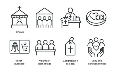 Line style icons of community and faith-based charity sales: church booth icon, community hall event, religious group shop table, shared mission tray, prayer + purchase card, volunteer team at table,