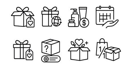 Line style icons of charity bundles: care package + heart tag, gift box + mission icon, product trio + donation badge, monthly subscription with giveback, birthday box + charity tag, mystery box +