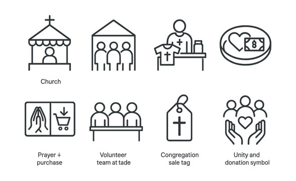 Line style icons of community and faith-based charity sales: church booth icon, community hall event, religious group shop table, shared mission tray, prayer + purchase card, volunteer team at table,