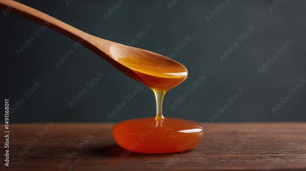 Poster wooden spoon with a drop of honey dripping from it onto a small orange-colored object on a wooden su