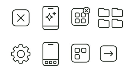 Line style icons of decluttering digital space: delete app icon, clean home screen, remove notification badge, organize folder grid, simplify settings icon, declutter phone tray, screen with 4 icons,