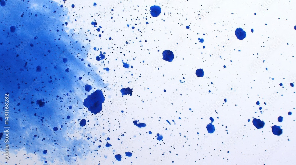 Poster close-up of a blue ink splatter on a white background. the splatter is made up of small, irregularly