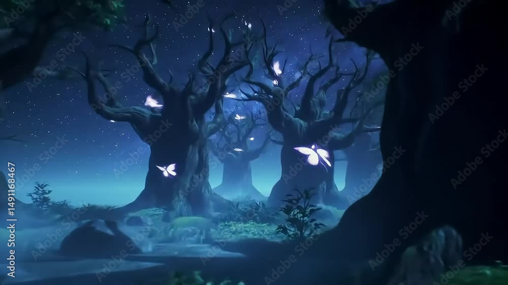 Poster glowing butterflies hover around twisted trees in a mystical, moonlit forest with a magical night at