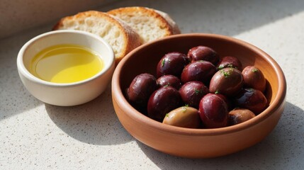 Obraz premium Bowl of olives and a small bowl of olive oil on a white countertop. the bowl is made of terracotta and is filled with dark red olives. the olives are garnished with small green herbs.