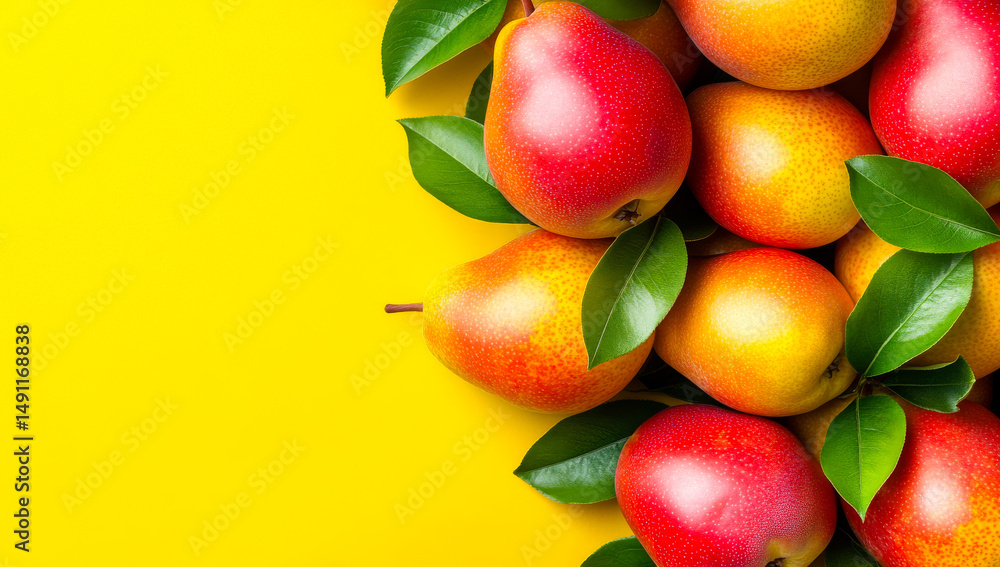 Poster vibrant apples and pears backdrop. fresh apples and pears arranged with green leaves against a vibra
