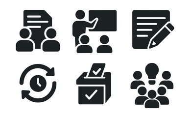 Solid style icons of collaboration software: document co-edit, whiteboard tool, shared notes icon, project tracker, real-time update, feedback loop, voting module, group brainstorm.