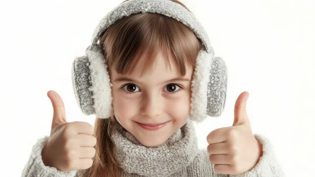 A happy young girl wears ear muffs and gives a thumbs up, perfect for a cute and cheerful image