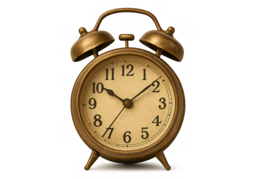 Vintage golden alarm clock displaying time, symbolizing punctuality and efficient time management on clear background