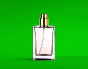 Perfume bottle. Clear glass, gold spray nozzle, on a bright green backdrop. Simple and modern