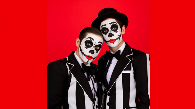 Two mimes in black and white striped suits pose together against a red background, showcasing expressive face paint and coordinated costumes.