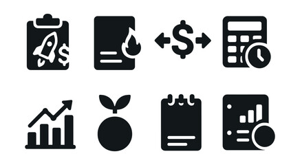 Solid style icons of financial planning for ventures: startup budget, burn rate, cash flow, runway calculator, financial forecast, investment round, expense log, funding tracker.