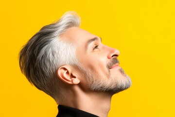 Obraz premium Yellow solid background. Concept of style for aging men. A glowing man radiating happiness and confidence. Chic men's textured crop haircut - midlife arabian man with middle hair.