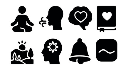 Solid style icons of mental wellness: meditation pose, breathing icon, brain with heart, gratitude journal, peaceful landscape, stress relief icon, mindfulness bell, calm app.
