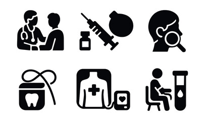 Solid style icons of preventive care habits: doctor checkup, vaccine icon, dental floss, eye test, skin check icon, health scan, blood pressure monitor, regular lab test.