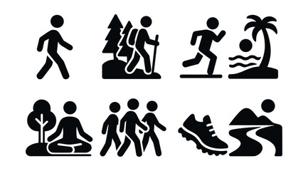 Solid style icons of outdoor activities: walking icon, forest hike, nature run, beach workout, park yoga, group walk, trail shoes, scenic path.