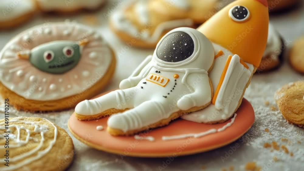 Poster a delicious-looking cookie with an astronaut design, perfect for use in food or space-themed illustr