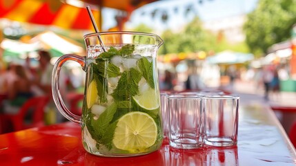 Refreshing Summer Mojito Pitcher Lime Mint Ice Cubes Outdoor Fun Fair icy bar red cold herb food    