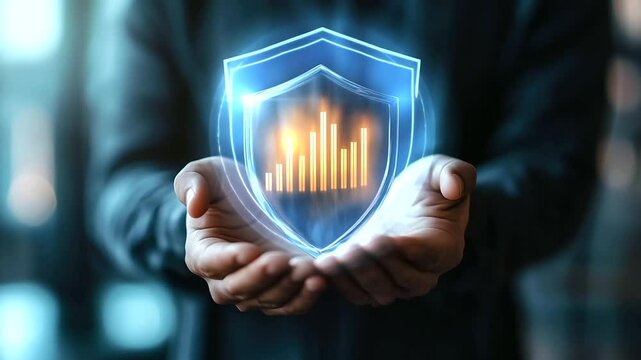 A pair of strong, steady hands holding a metallic shield embossed with a rising bar graph, glowing with a golden aura, symbolizing financial security.