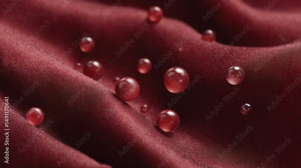 Poster close-up of a dark red fabric with small droplets of water scattered across it. the droplets are of 