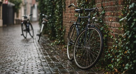 Fototapeta premium Classic bicycles parked along a brick wall on a wet cobblestone street in Europe