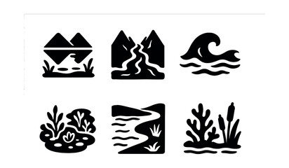 Solid style icons of water environments: lake reflection, mountain stream, coastal wave, tide pool, riverbank icon, underwater plant, coral reef, wetland icon.