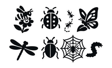 Fototapeta premium Solid style icons of insect life in nature: bee on flower, ladybug, ant trail, butterfly on leaf, dragonfly, beetle icon, spider in web, caterpillar crawl.
