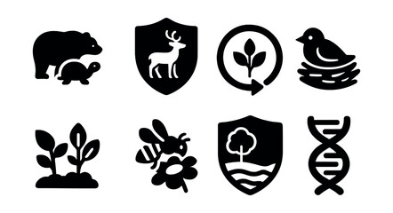 Solid style icons of biodiversity protection: endangered species icon, wildlife safe zone, bio circle icon, bird nest icon, plant diversity, bee on flower, protected habitat, genetic diversity.