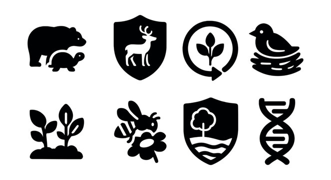 Solid style icons of biodiversity protection: endangered species icon, wildlife safe zone, bio circle icon, bird nest icon, plant diversity, bee on flower, protected habitat, genetic diversity.