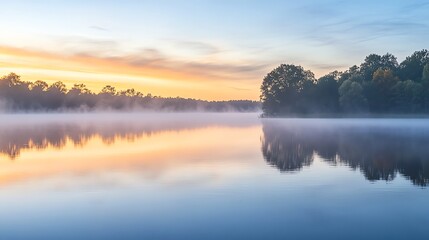 Fototapeta premium A serene lake is shrouded in morning fog as the sun rises, creating a tranquil and atmospheric scene.