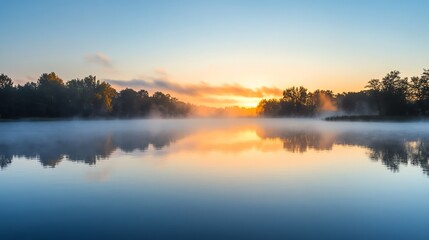 A serene lake reflects a colorful sunrise with a hazy fog gently rolling across the water.