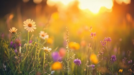 Beautiful Wildflower Meadow with Sunlight and Soft Focus Background