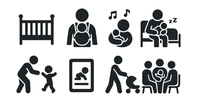 Solid style icons of new parenthood: crib icon, baby carrier, lullaby moment, sleepless night, first steps, baby milestone card, stroller walk, parent support group.