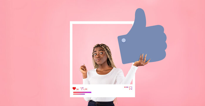 A social media influencer interacts with a thumbs up graphic, promoting positive engagement in a playful setting. The pink background adds a vibrant touch to the content creation experience.