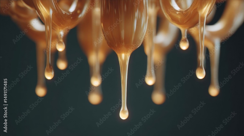 Poster close-up of a group of droplets of liquid dripping down from a chandelier. the droplets are of diffe