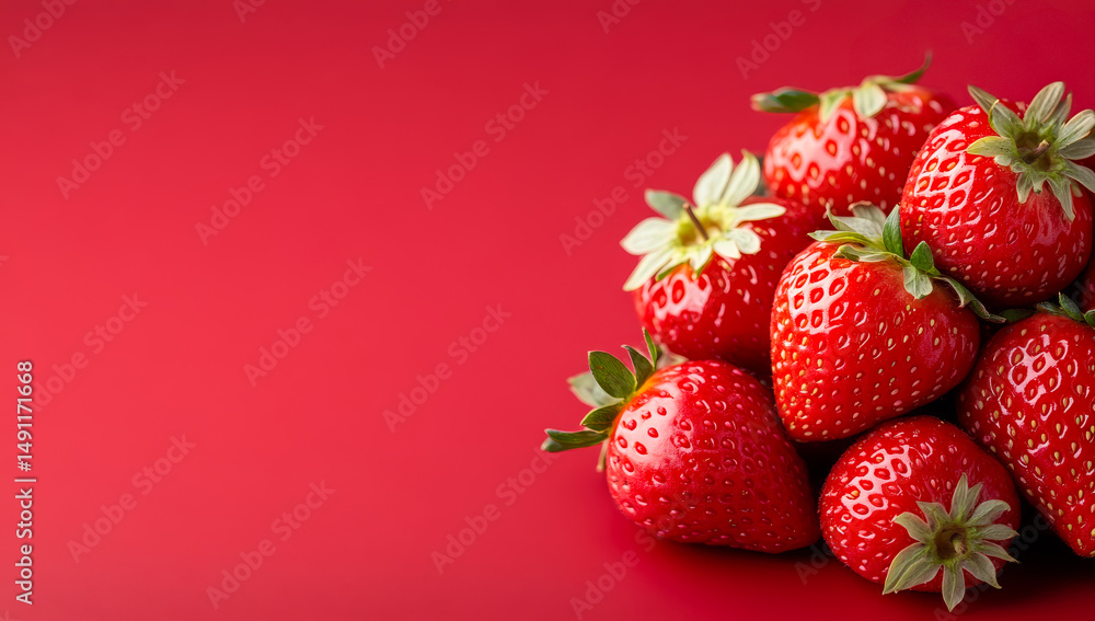 Aufkleber fresh strawberries on a red surface. a cluster of ripe strawberries rests on a smooth red background