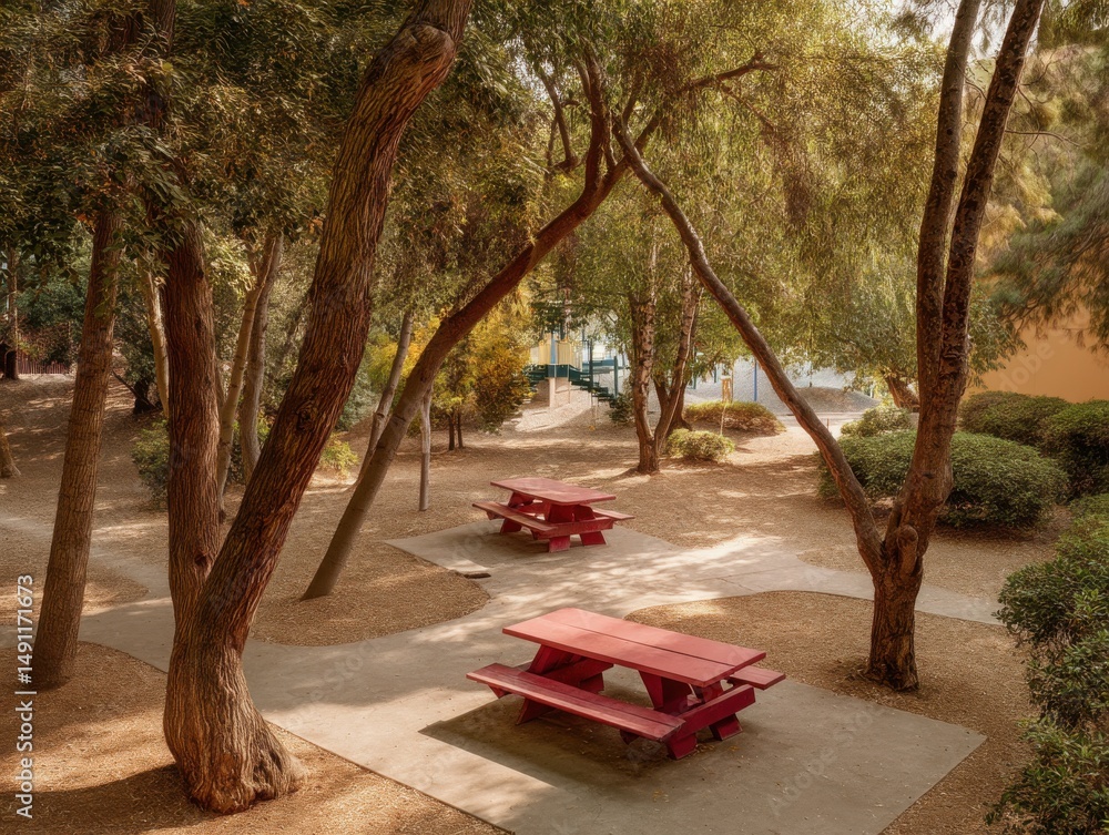 Poster red picnic tables in a park setting, ideal for summer gatherings and outdoor recreation, representin