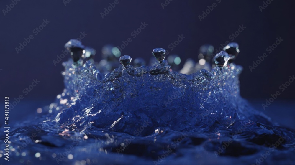 Poster close-up of a splash of water. the water is a deep blue color and appears to be in motion, with drop