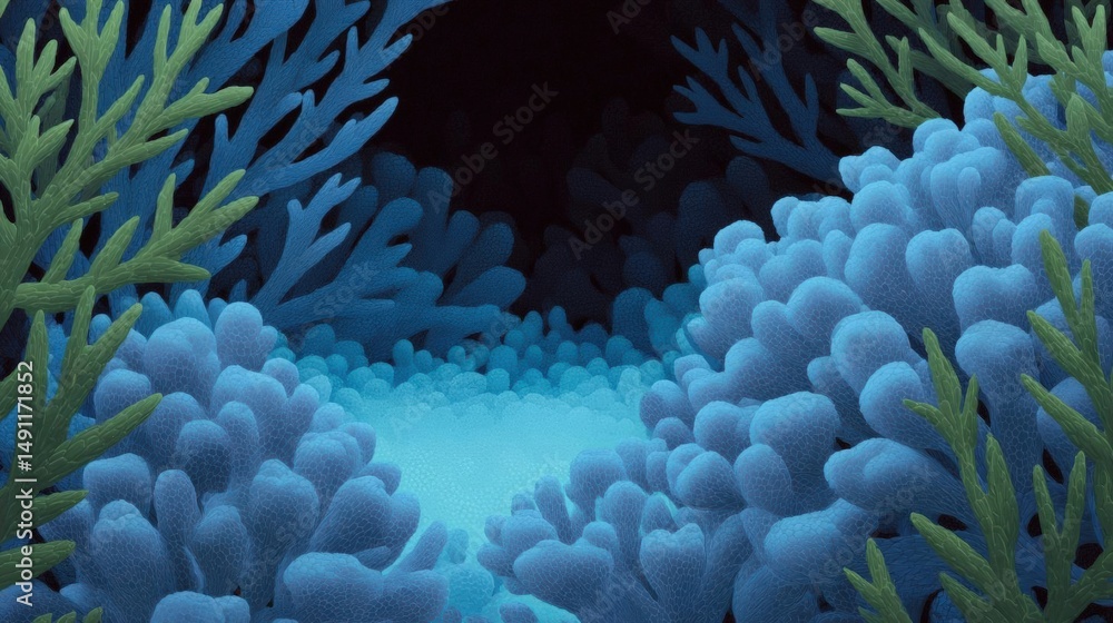 Poster underwater scene with a dark background. in the center of the image, there is a large group of blue 