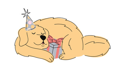Sleeping birthday dog holding gift