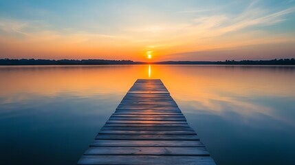 Naklejka premium A serene lake with a wooden dock extends into the water, creating a peaceful and inviting scene.