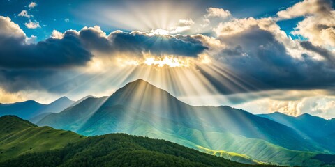 sunrise in the mountains with sun rays